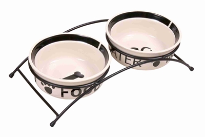 Voerbak / Drinkbak Set Eat On Your Feet Wit / Zwart 2X2,6 Ltr 25 Cm