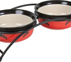 Voerbak / Waterbak Keramiek / Metaal Rood / Zwart / Crème 2X300 Ml 12 Cm