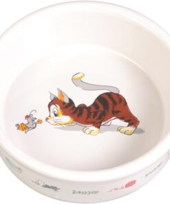 Voerbak / Waterbak Stripkat Met Muis Keramiek Wit 12 Cm 200 Ml 4 St