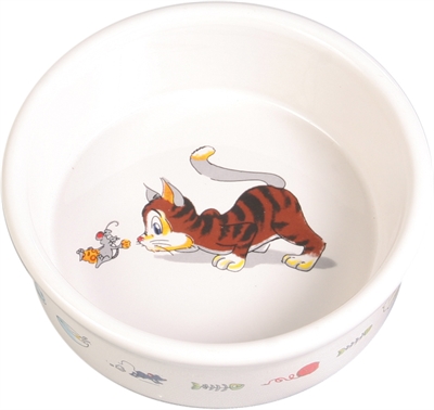 Voerbak / Waterbak Stripkat Met Muis Keramiek Wit 12 Cm 200 Ml 4 St