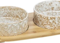 Set Voerbak / Waterbak Keramiek / Bamboe Wit / Natuur 2X300 Ml 30X6X15 Cm