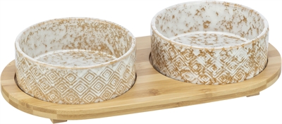 Set Voerbak / Waterbak Keramiek / Bamboe Wit / Natuur 2X300 Ml 30X6X15 Cm