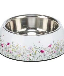 Voerbak / Drinkbak Bloemmotief Rvs Wit / Meerkleurig 22X22X7,5 Cm