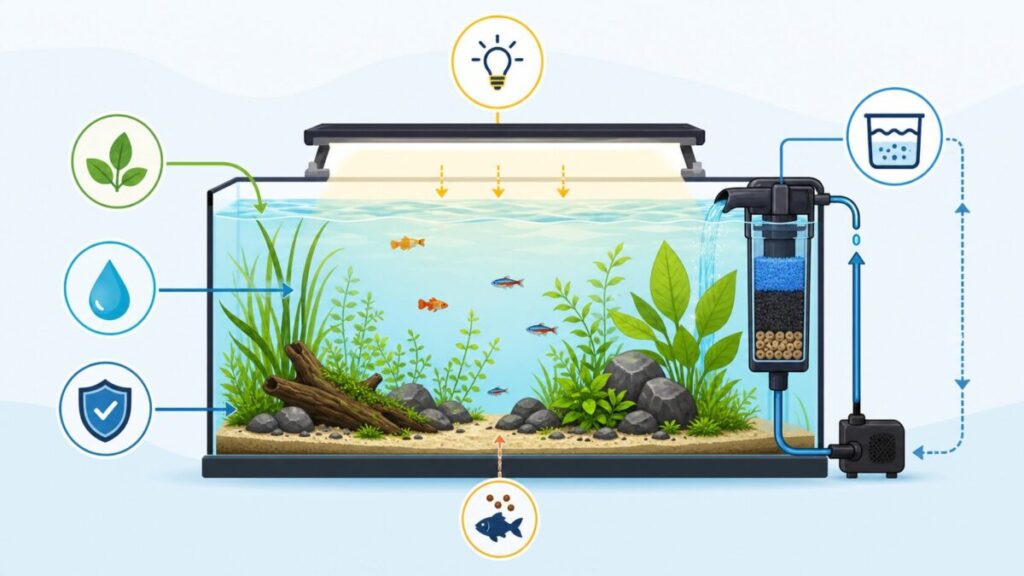 Diagrammatische infographic van een beginnersaquarium met filter, licht, planten en vissen
