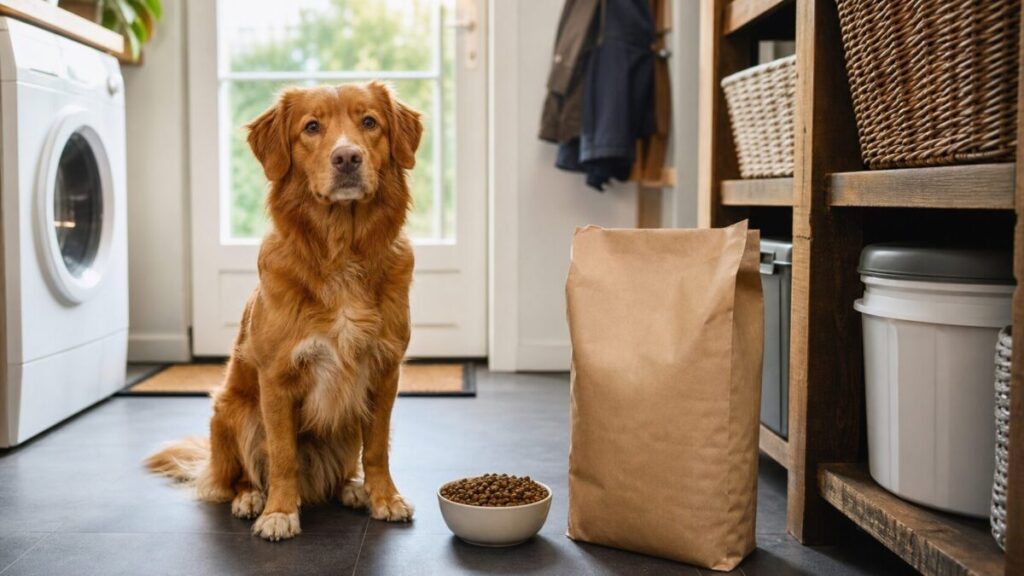 Fotografische afbeelding van een hond bij een voerbak en zak hondenvoer
