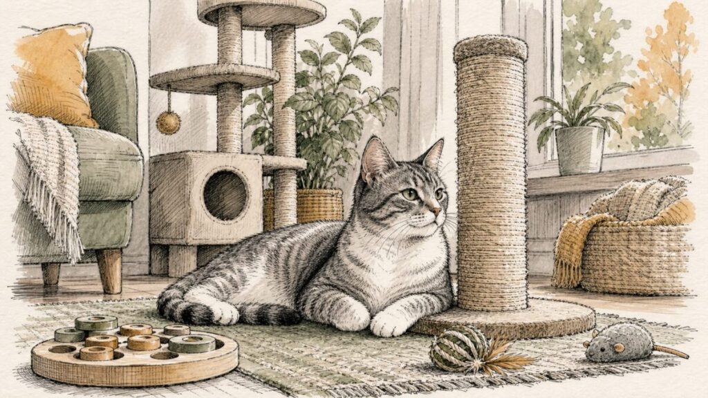 Pen en aquarel tekening van een binnenkat bij krabpaal en kattenspeelgoed