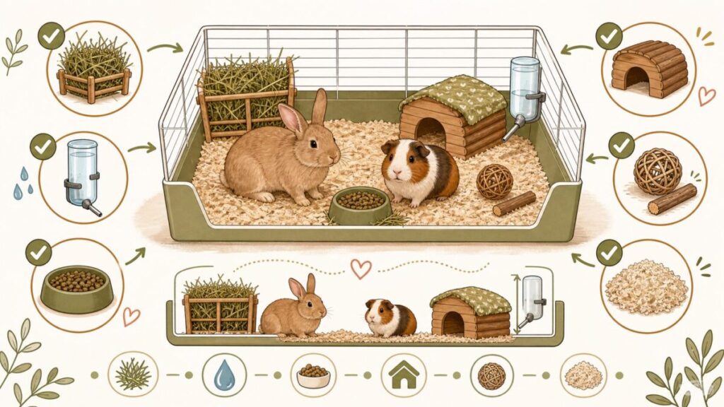 Checklist infographic van een konijn en cavia met hooi, water, voer, huisje en bodembedekking