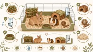 Checklist infographic van een konijn en cavia met hooi, water, voer, huisje en bodembedekking