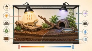 Educatief diagram van een terrarium met warmtelamp, UV-lamp, schuilplek en temperatuurzones