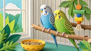 Paper-cut illustratie van twee parkieten bij vogelvoer en speelgoed