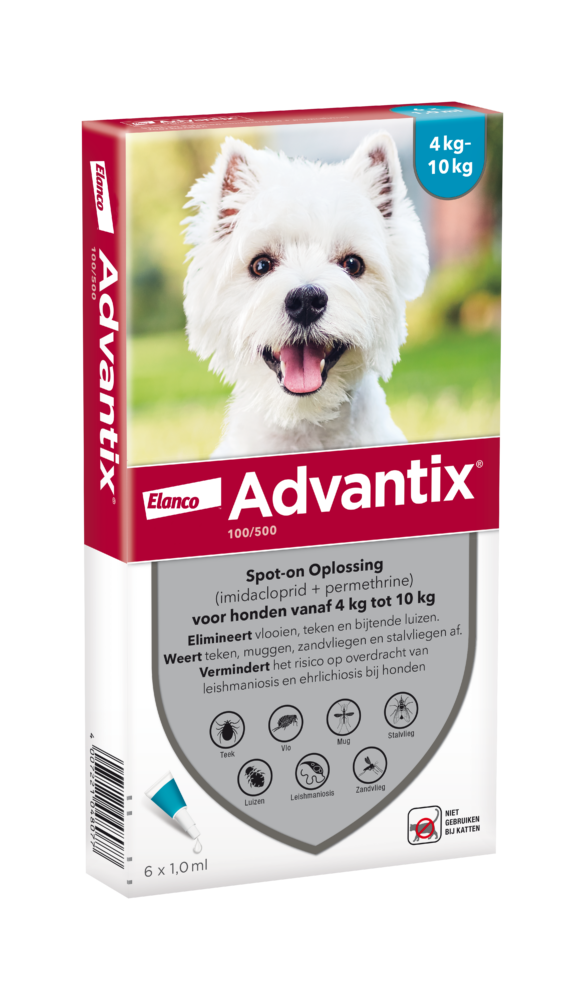 Advantix vlooien- en tekenpipet voor honden 100/500 (4 tot 10 kg) 6 pipetten